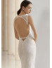 V Neck Beaded Ivory Lace Keyhole Back Wedding Dress